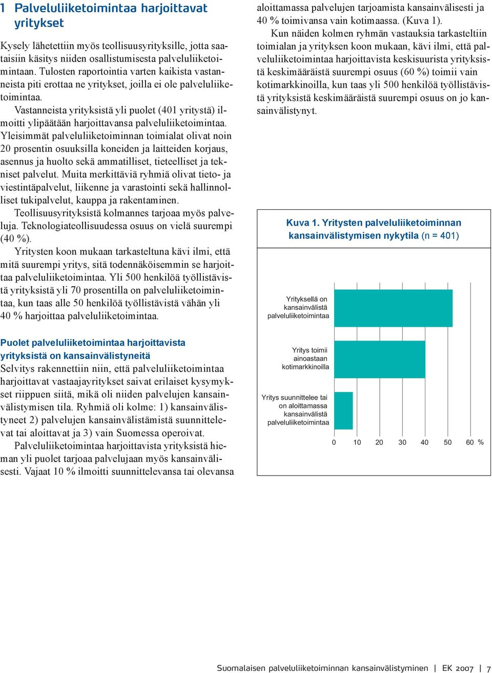 Vastanneista yrityksistä yli puolet (401 yritystä) ilmoitti ylipäätään harjoittavansa palveluliiketoimintaa.