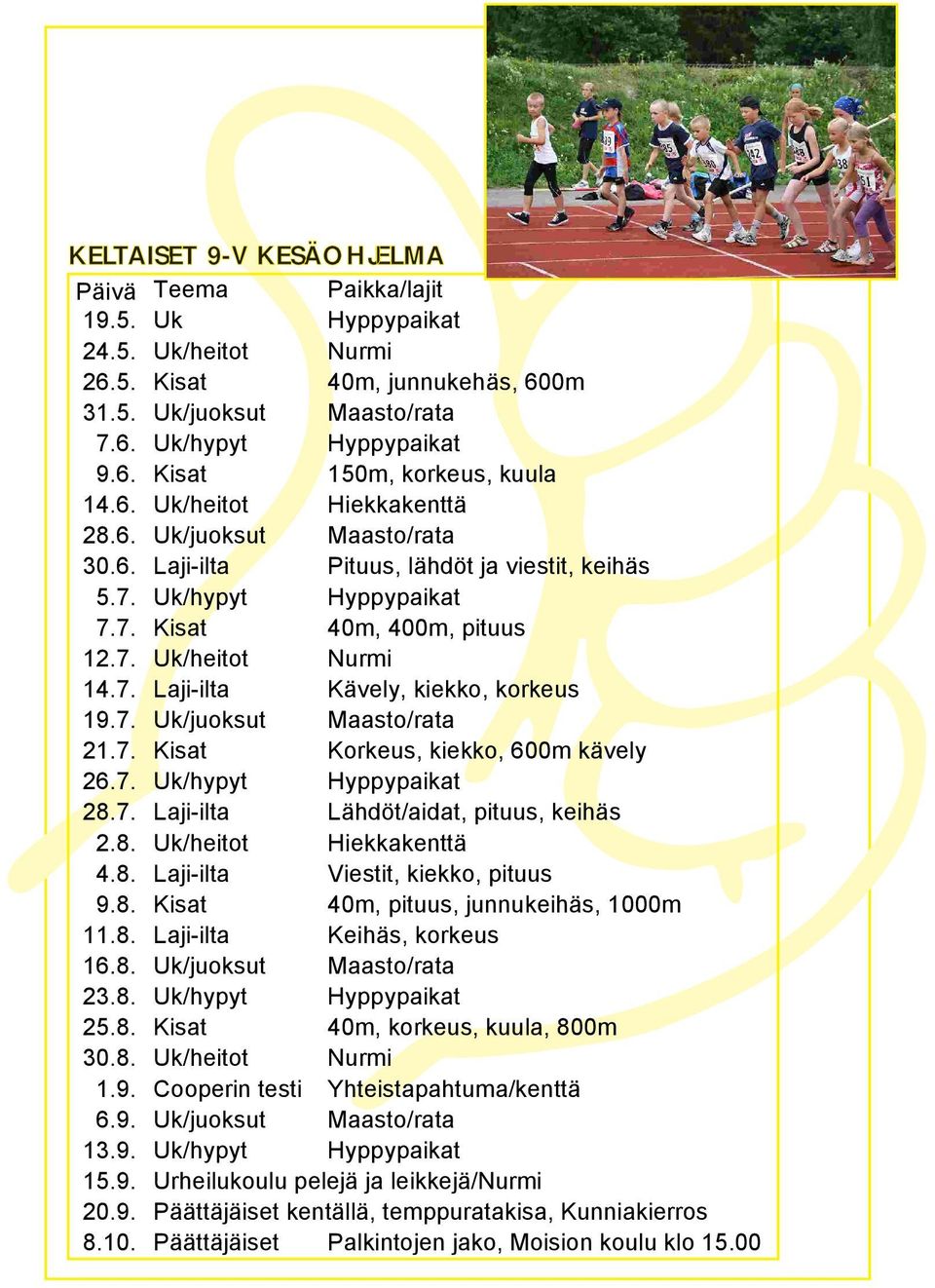 7. Uk/juoksut Maasto/rata 21.7. Kisat Korkeus, kiekko, 600m kävely 26.7. Uk/hypyt Hyppypaikat 28.7. Laji-ilta Lähdöt/aidat, pituus, keihäs 2.8. Uk/heitot Hiekkakenttä 4.8. Laji-ilta Viestit, kiekko, pituus 9.