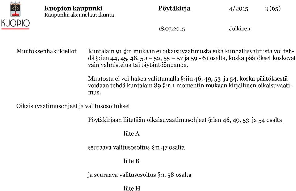 Oikaisuvaatimusohjeet ja valitusosoitukset Muutosta ei voi hakea valittamalla :iin 46, 49, 53 ja 54, koska päätöksestä voidaan tehdä kuntalain 89 :n 1