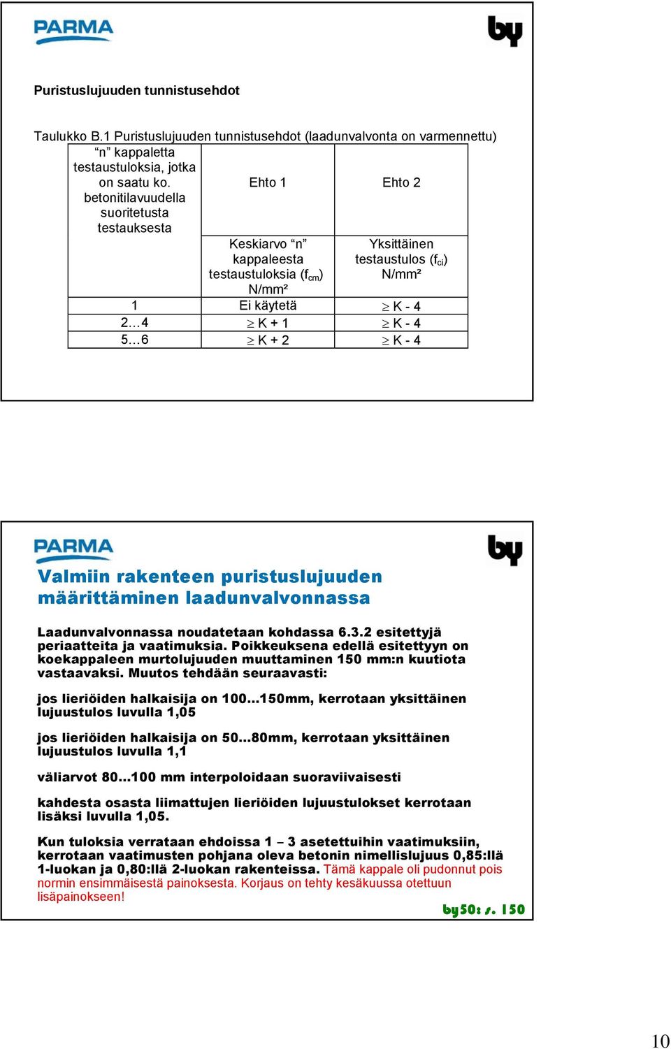 - 4 Valmiin rakenteen puristuslujuuden määrittäminen laadunvalvonnassa Laadunvalvonnassa noudatetaan kohdassa 6.3.2 esitettyjä periaatteita ja vaatimuksia.