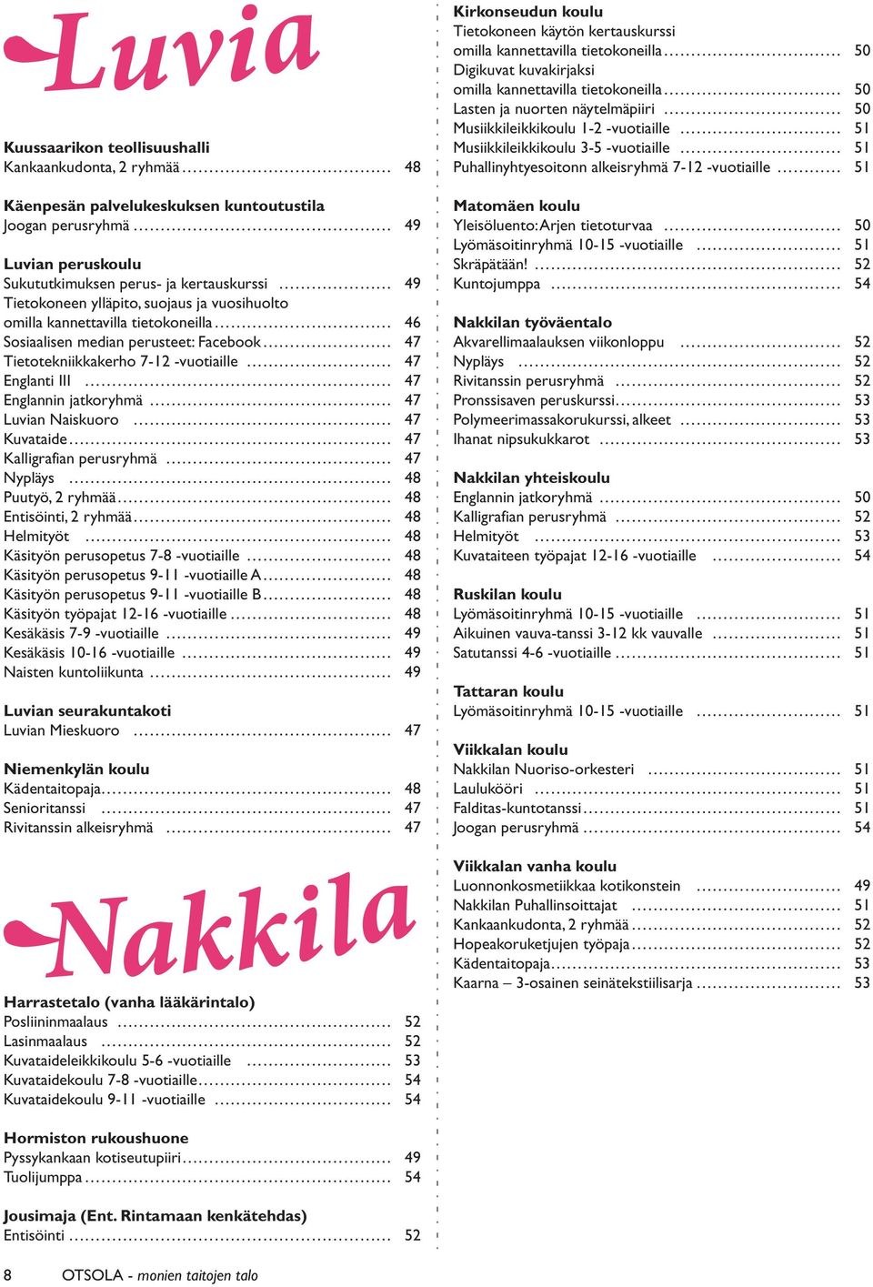 Naiskuoro 47 Kuvataide 47 Kalligrafian perusryhmä 47 Nypläys 48 Puutyö, 2 ryhmää 48 Entisöinti, 2 ryhmää 48 Helmityöt 48 Käsityön perusopetus 7-8 -vuotiaille 48 Käsityön perusopetus 9-11 -vuotiaille