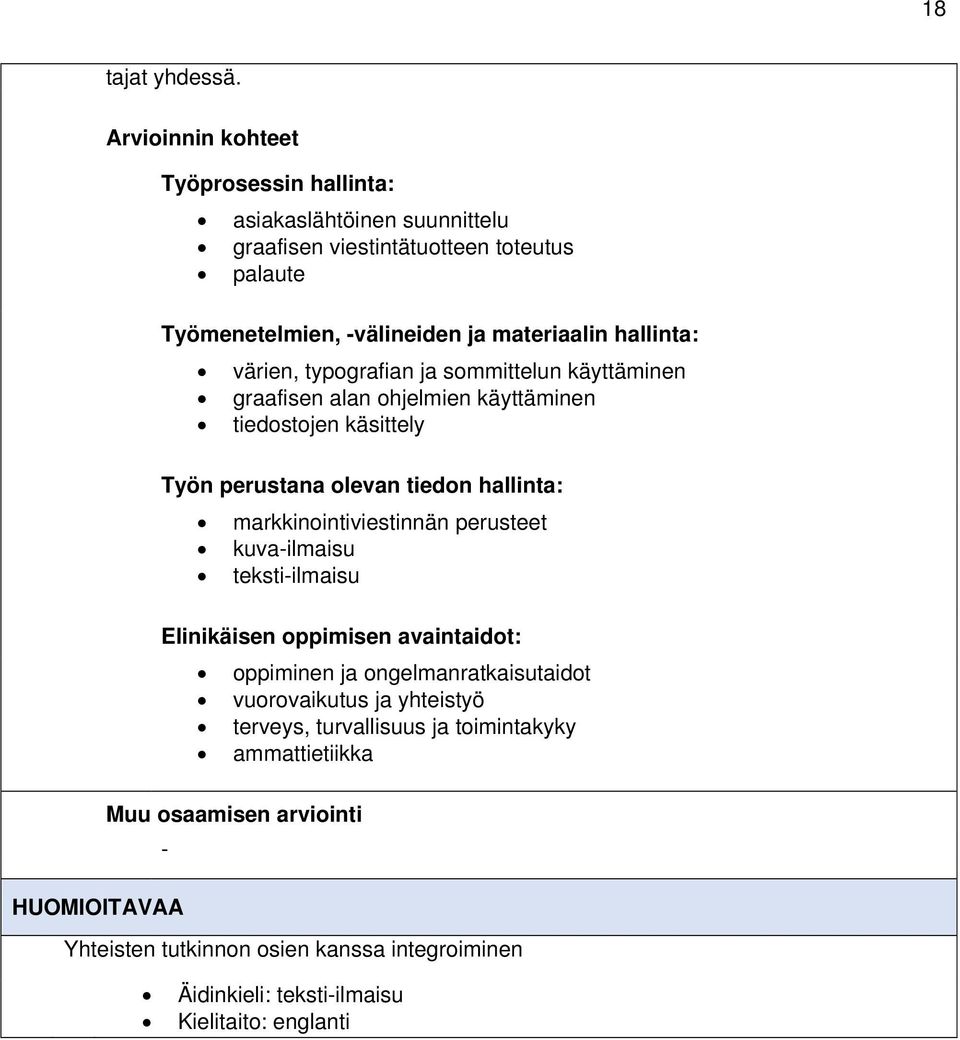 värien, typografian ja sommittelun käyttäminen graafisen alan ohjelmien käyttäminen tiedostojen käsittely Työn perustana olevan tiedon hallinta: markkinointiviestinnän