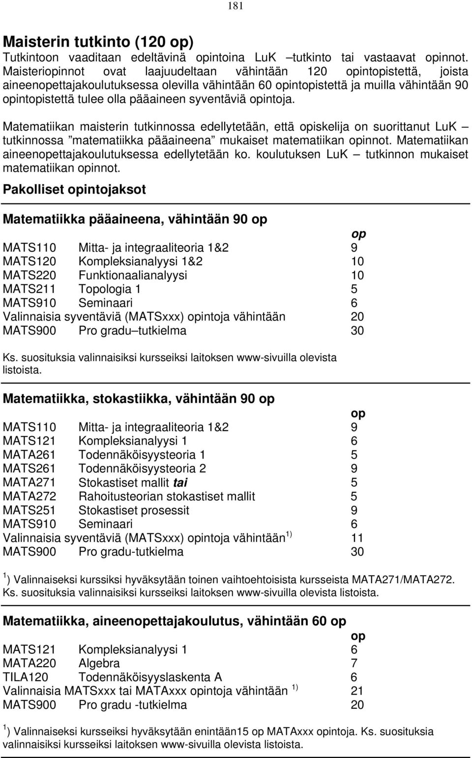 syventäviä opintoja. Matematiikan maisterin tutkinnossa edellytetään, että opiskelija on suorittanut LuK tutkinnossa matematiikka pääaineena mukaiset matematiikan opinnot.