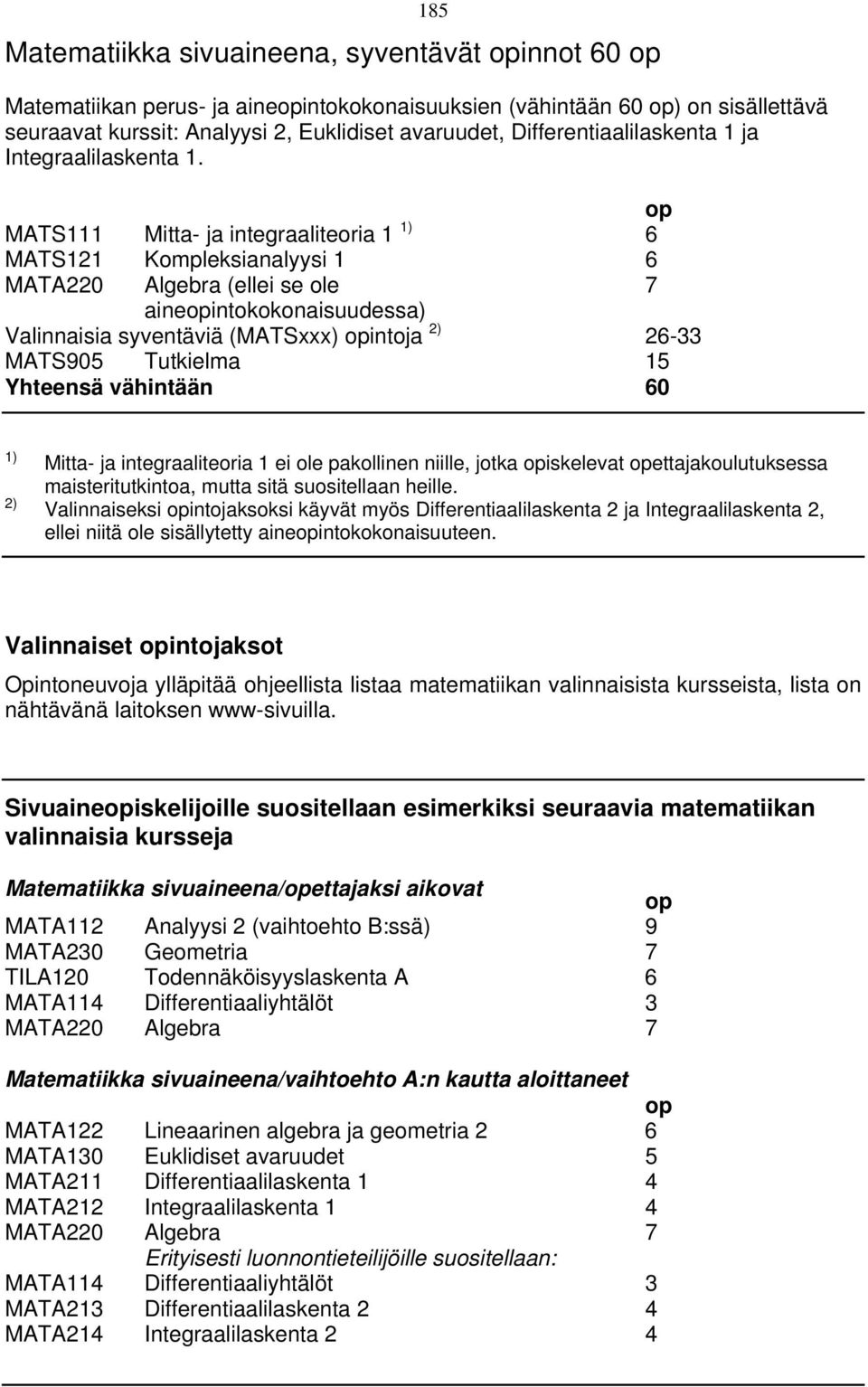 op MATS111 Mitta- ja integraaliteoria 1 1) 6 MATS121 Kompleksianalyysi 1 6 MATA220 Algebra (ellei se ole 7 aineopintokokonaisuudessa) Valinnaisia syventäviä (MATSxxx) opintoja 2) 26-33 MATS905