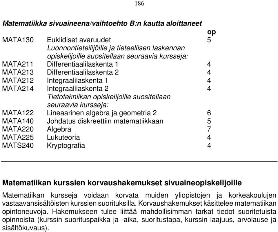 MATA122 Lineaarinen algebra ja geometria 2 6 MATA140 Johdatus diskreettiin matematiikkaan 5 MATA220 Algebra 7 MATA225 Lukuteoria 4 MATS240 Kryptografia 4 Matematiikan kurssien korvaushakemukset