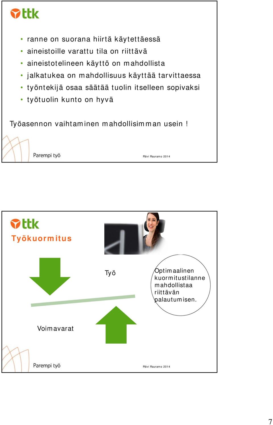 tuolin itselleen sopivaksi työtuolin kunto on hyvä Työasennon vaihtaminen mahdollisimman usein!