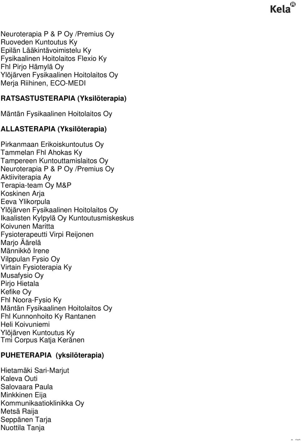 Aktiiviterapia Ay Terapia-team Oy M&P Koskinen Arja Eeva Ylikorpula Ylöjärven Fysikaalinen Hoitolaitos Oy Ikaalisten Kylpylä Oy Kuntoutusmiskeskus Koivunen Maritta Fysioterapeutti Virpi Reijonen