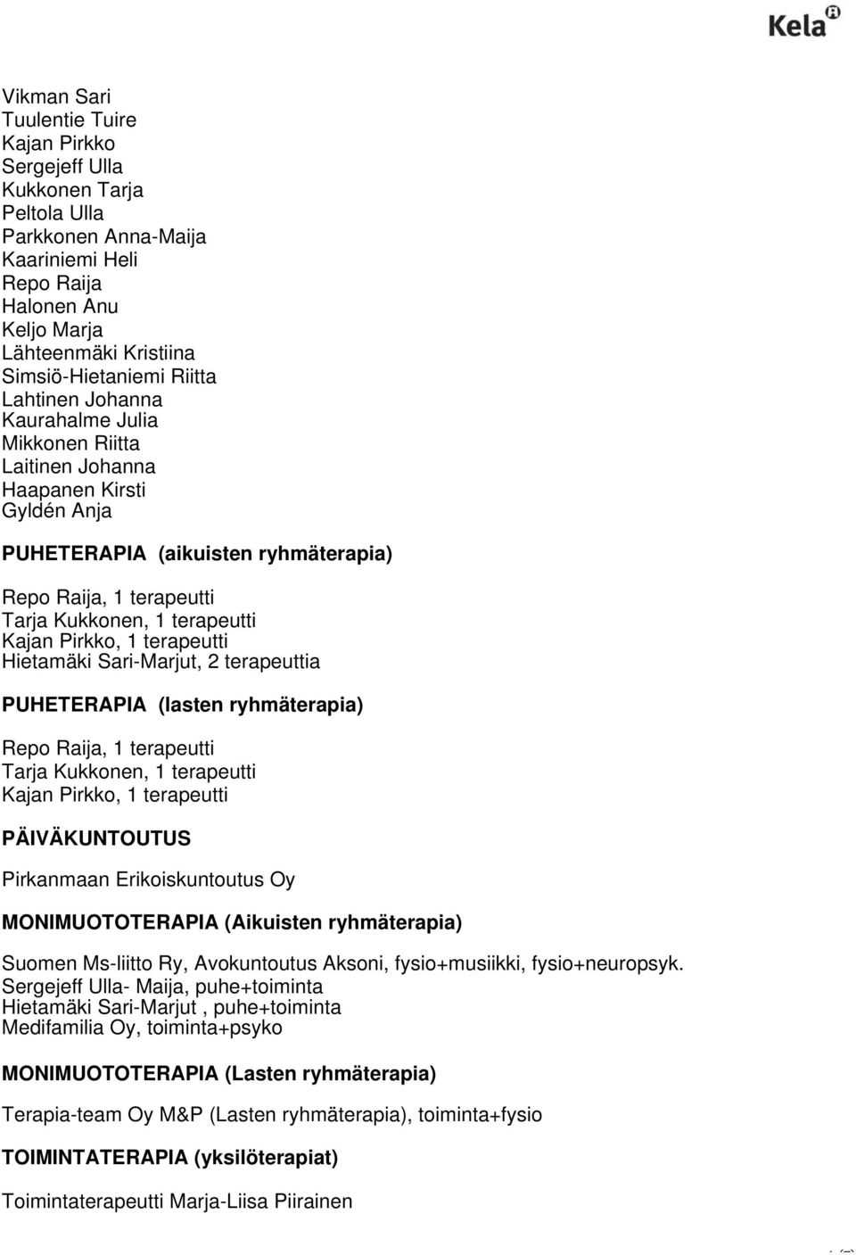 Pirkko, 1 terapeutti Hietamäki Sari-Marjut, 2 terapeuttia PUHETERAPIA (lasten ryhmäterapia) Repo Raija, 1 terapeutti Tarja Kukkonen, 1 terapeutti Kajan Pirkko, 1 terapeutti PÄIVÄKUNTOUTUS