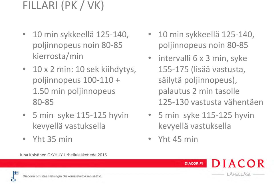 50 min poljinnopeus 80-85 5 min syke 115-125 hyvin kevyellä vastuksella Yht 35 min 10 min sykkeellä 125-140,