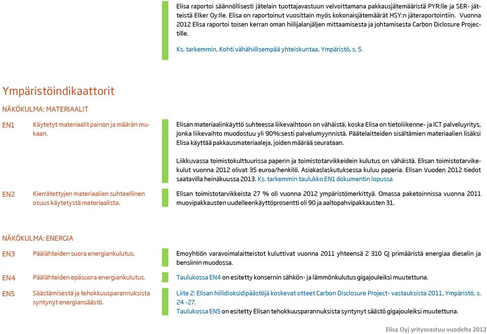 Vuonna 2012 Elisa raportoi toisen kerran oman hiilijalanjäljen mittaamisesta ja johtamisesta Carbon Diclosure Projectille. Ks. tarkemmin, Kohti vähähiilisempää yhteiskuntaa, Ympäristö, s. 5.