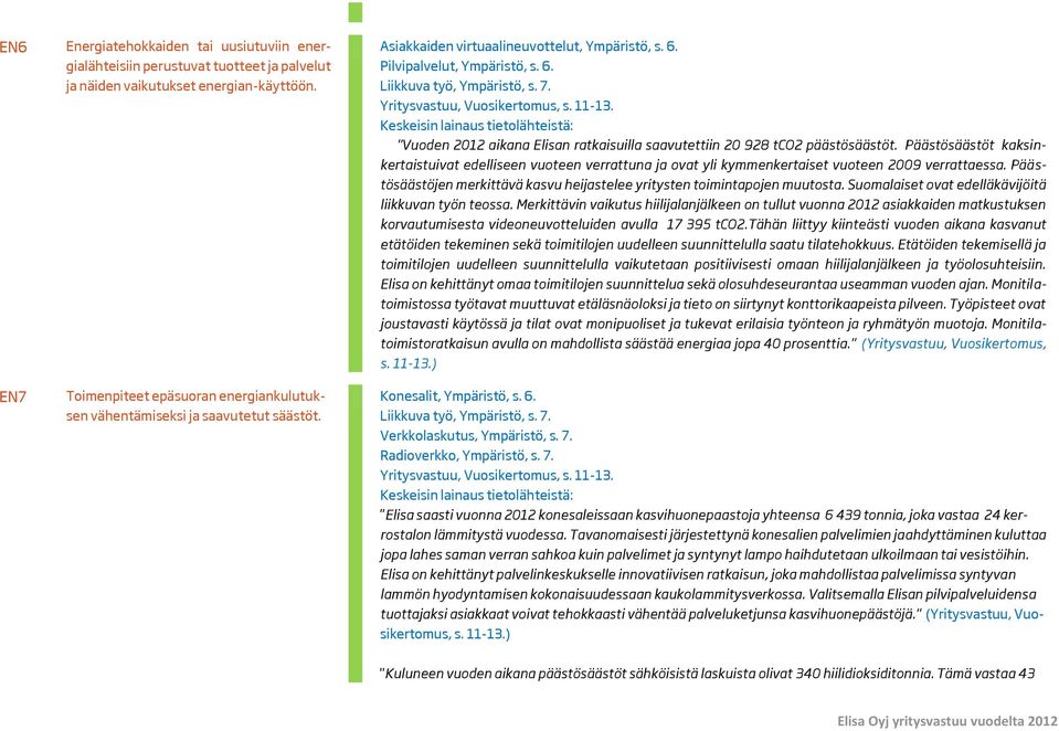 Yritysvastuu, Vuosikertomus, s. 11-13. Keskeisin lainaus tietolähteistä: "Vuoden 2012 aikana Elisan ratkaisuilla saavutettiin 20 928 tco2 päästösäästöt.