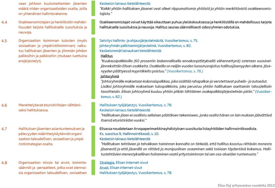 5 Organisaation toiminnan tulosten (myös sosiaalisen ja ympäristötoiminnan) vaikutus hallituksen jäsenten ja ylimmän johdon palkkoihin ja palkkioihin (mukaan luettuina erojärjestelyt). 4.