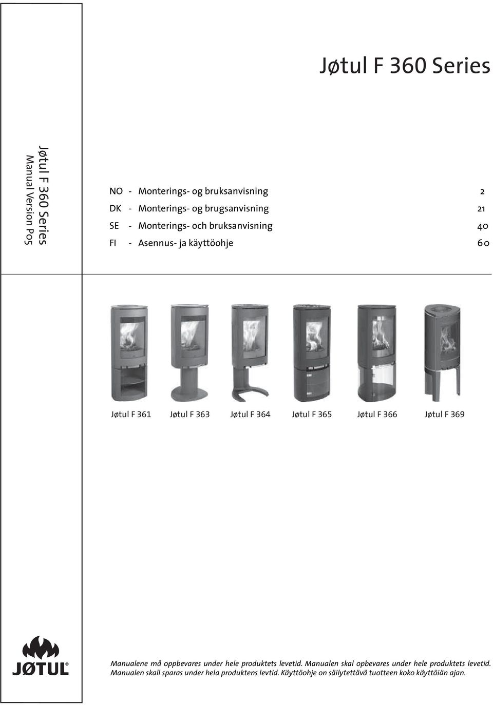 364 Jøtul F 365 Jøtul F 366 Jøtul F 369 Manualene må oppbevares under hele produktets levetid.