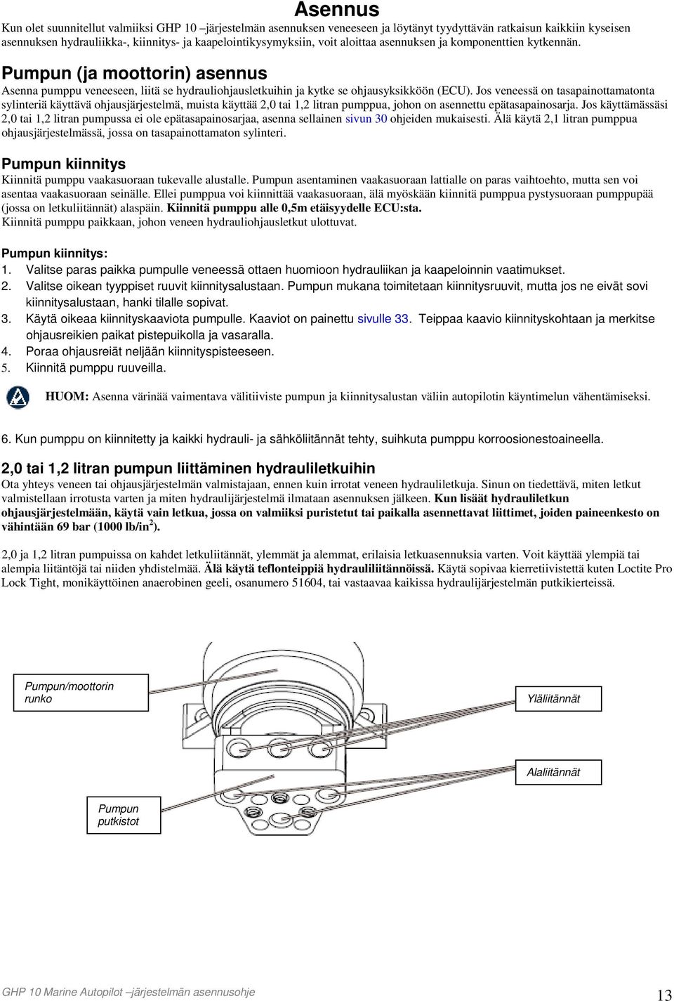 Jos veneessä on tasapainottamatonta sylinteriä käyttävä ohjausjärjestelmä, muista käyttää 2,0 tai 1,2 litran pumppua, johon on asennettu epätasapainosarja.