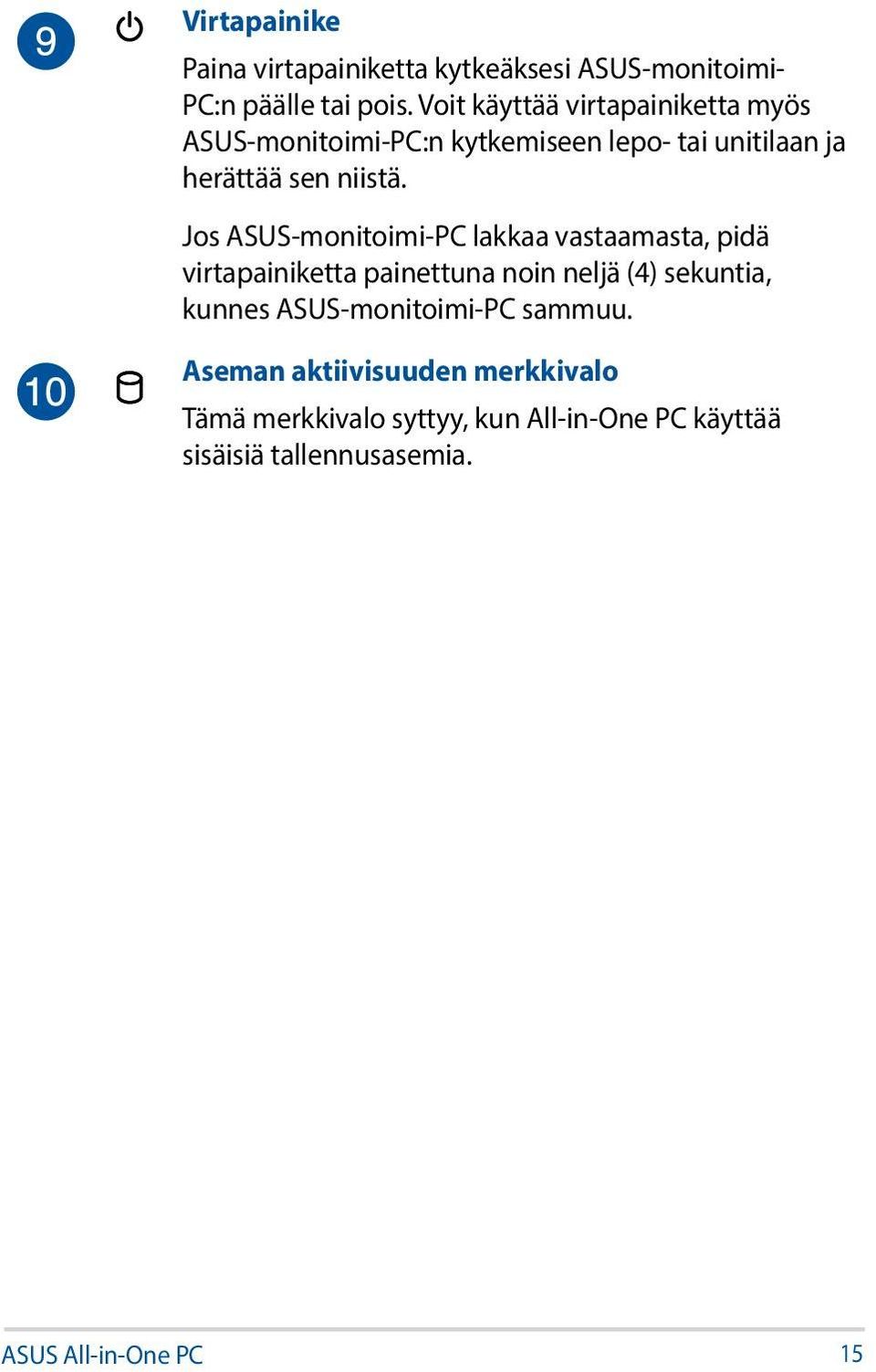 Jos ASUS-monitoimi-PC lakkaa vastaamasta, pidä virtapainiketta painettuna noin neljä (4) sekuntia, kunnes