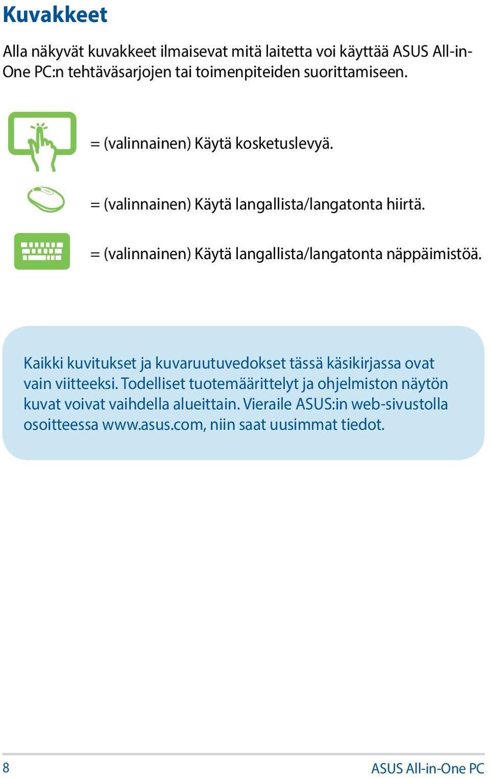 = (valinnainen) Käytä langallista/langatonta näppäimistöä. Kaikki kuvitukset ja kuvaruutuvedokset tässä käsikirjassa ovat vain viitteeksi.