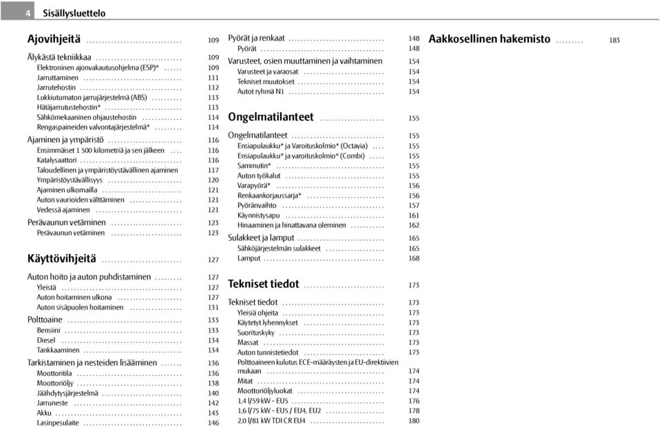 ........ Ajaminen ja ympäristö........................ Ensimmäiset 1 500 kilometriä ja sen jälkeen.... Katalysaattori................................. Taloudellinen ja ympäristöystävällinen ajaminen Ympäristöystävällisyys.