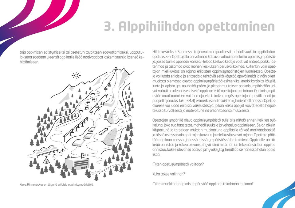 Helpot, keskivaikeat ja vaativat rinteet, parkki, lastenmaa ja tasamaa ovat monen keskuksen perusvalikoimaa. Kuitenkin vain opettajan mielikuvitus on rajana erilaisten oppimisympäristöjen luomisessa.