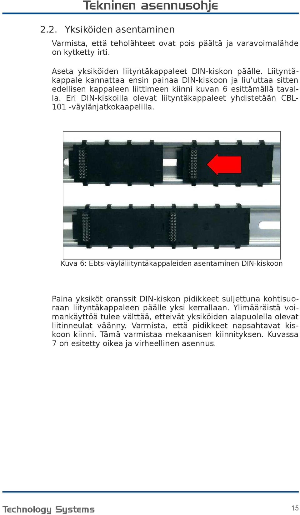 Eri DIN-kiskoilla olevat liityntäkappaleet yhdistetään CBL101 -väylänjatkokaapelilla.