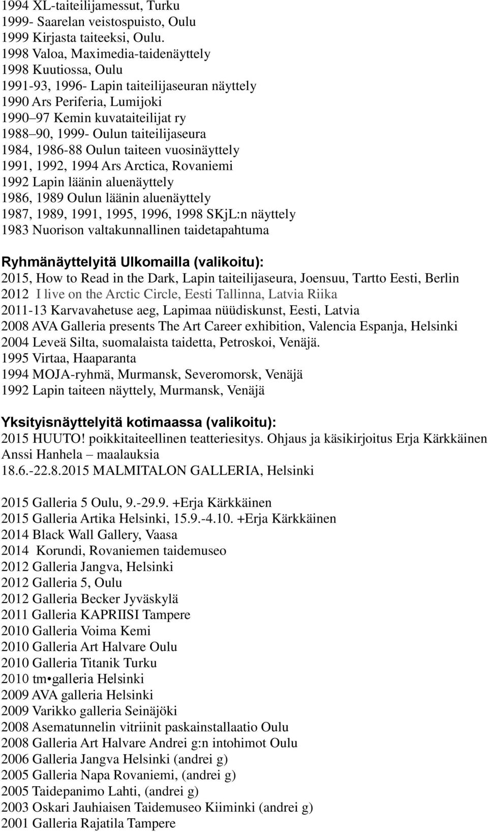 taiteilijaseura 1984, 1986-88 Oulun taiteen vuosinäyttely 1991, 1992, 1994 Ars Arctica, Rovaniemi 1992 Lapin läänin aluenäyttely 1986, 1989 Oulun läänin aluenäyttely 1987, 1989, 1991, 1995, 1996,