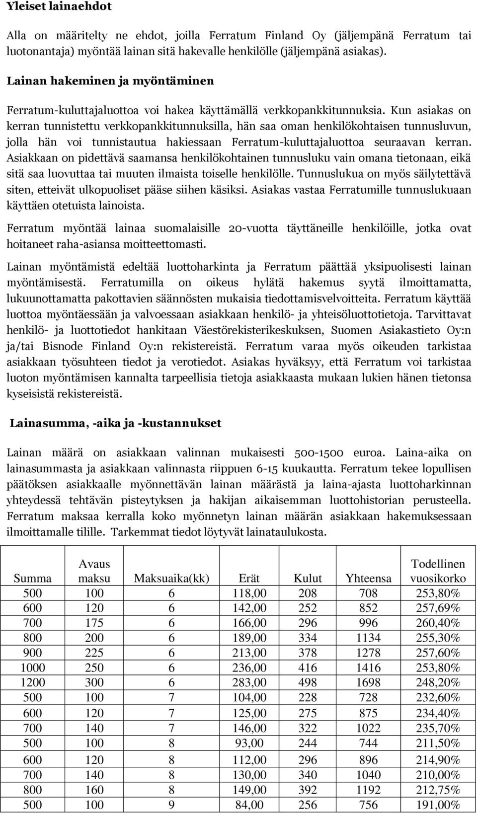 Kun asiakas on kerran tunnistettu verkkopankkitunnuksilla, hän saa oman henkilökohtaisen tunnusluvun, jolla hän voi tunnistautua hakiessaan Ferratum-kuluttajaluottoa seuraavan kerran.