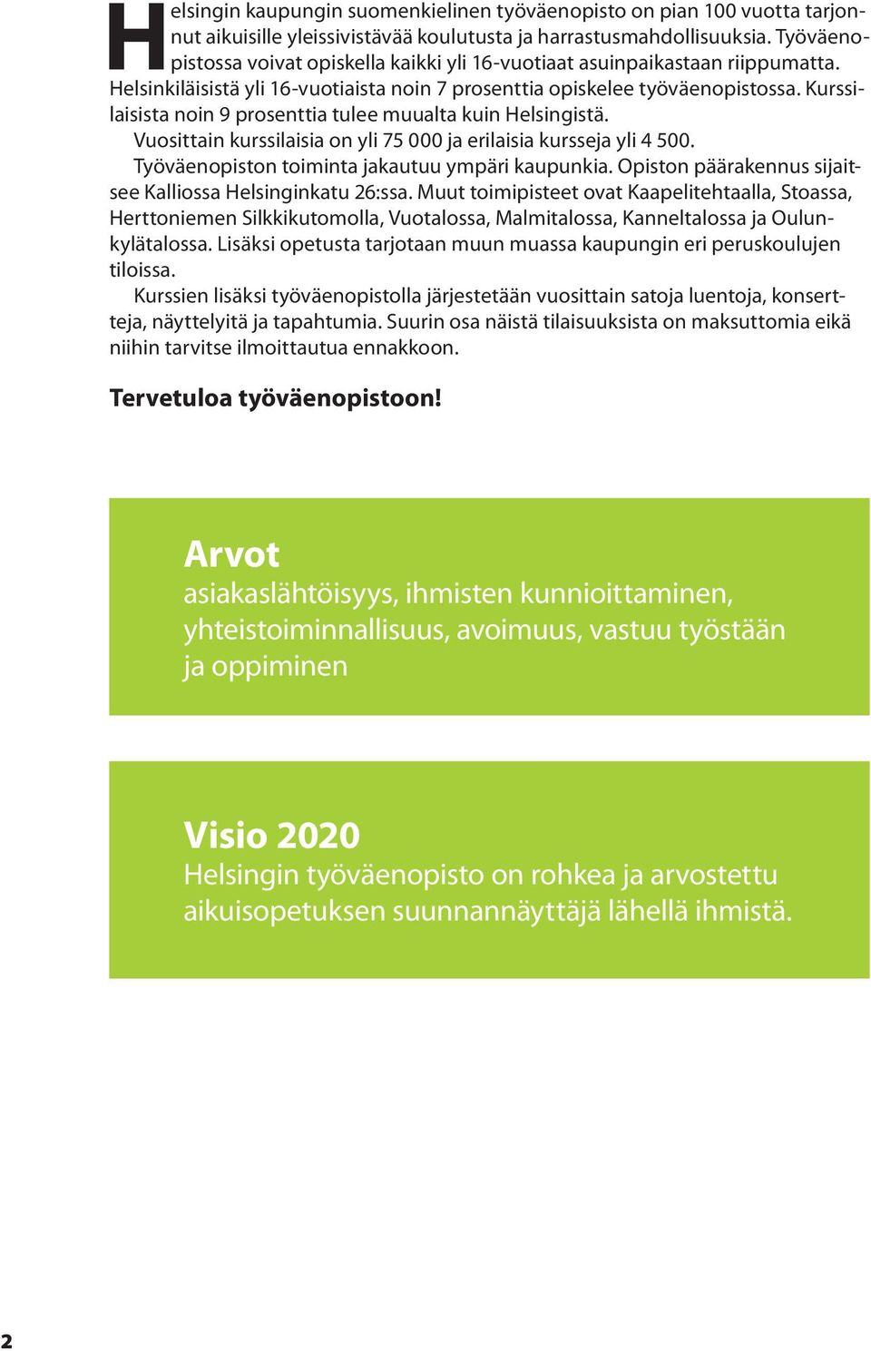 Kurssilaisista noin 9 prosenttia tulee muualta kuin Helsingistä. Vuosittain kurssilaisia on yli 75 000 ja erilaisia kursseja yli 4 500. Työväenopiston toiminta jakautuu ympäri kaupunkia.