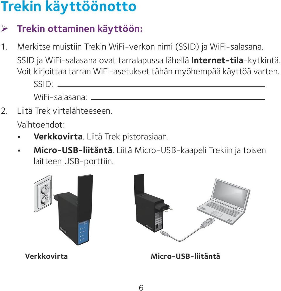Voit kirjoittaa tarran WiFi-asetukset tähän myöhempää käyttöä varten. SSID: WiFi-salasana: 2. Liitä Trek virtalähteeseen.