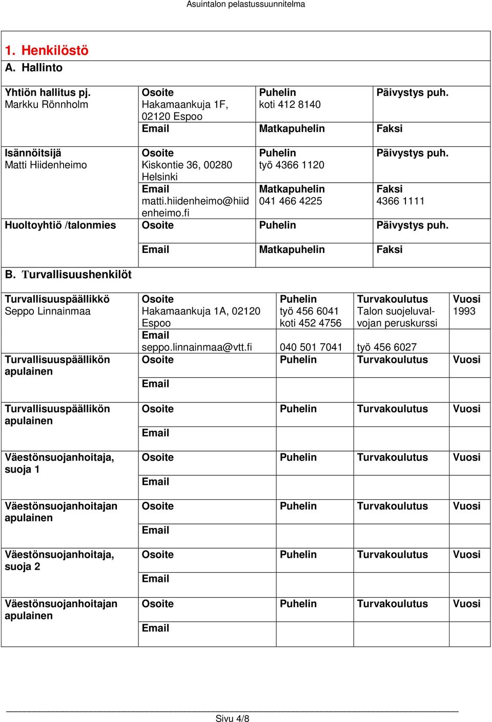 Faksi 4366 1111 Huoltoyhtiö /talonmies Osoite Puhelin Päivystys puh. B.