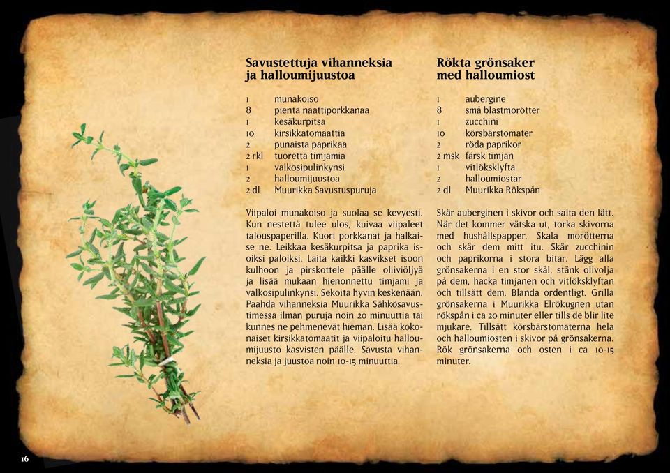 Leikkaa kesäkurpitsa ja paprika isoiksi paloiksi. Laita kaikki kasvikset isoon kulhoon ja pirskottele päälle oliiviöljyä ja lisää mukaan hienonnettu timjami ja valkosipulin kynsi.