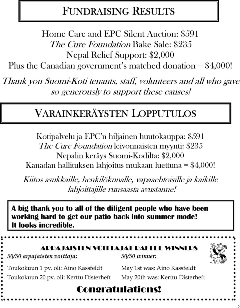 VARAINKERÄYSTEN LOPPUTULOS Kotipalvelu ja EPC n hiljainen huutokauppa: $591 The Cure Foundation leivonnaisten myynti: $235 Nepalin keräys Suomi-Kodilta: $2,000 Kanadan hallituksen lahjoitus mukaan