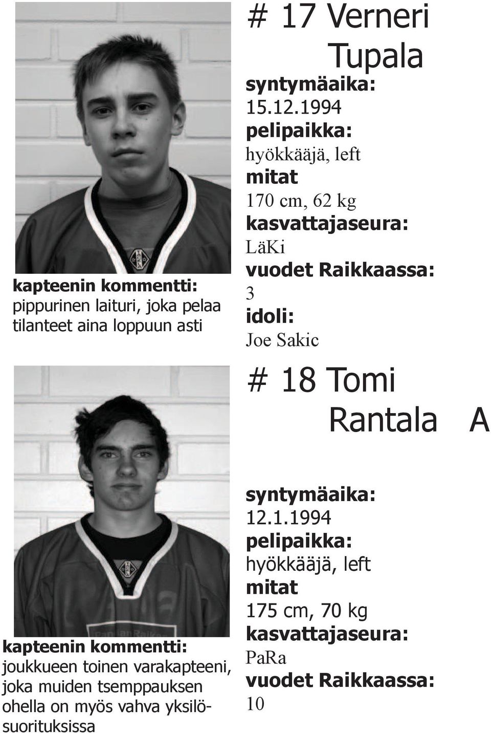 1994 hyökkääjä, left mitat 170 cm, 62 kg LäKi 3 idoli: Joe Sakic # 18 Tomi Rantala A