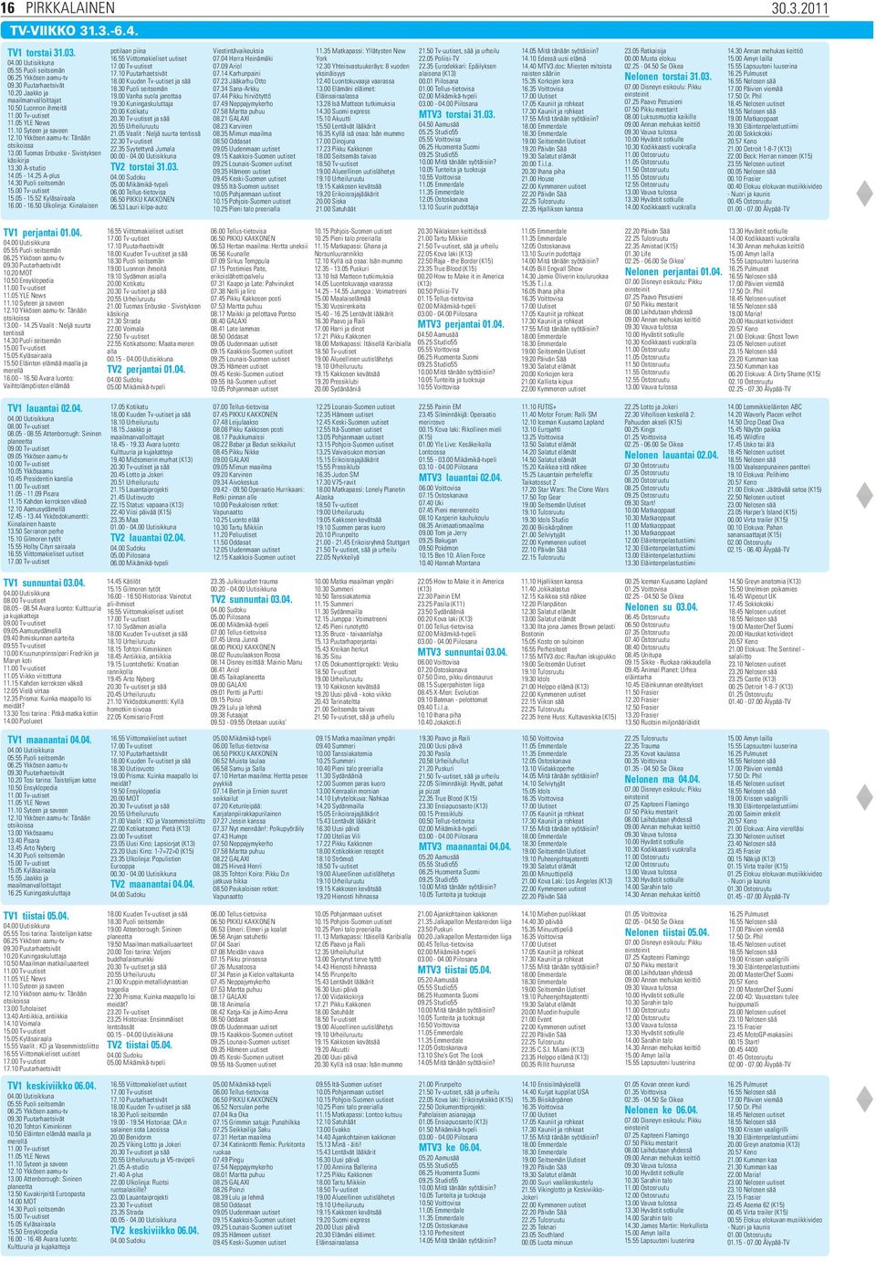 30 Puoli seitsemän 15.00 Tv-uutiset 15.05-15.52 Kyläsairaala 16.00-16.50 Ulkolinja: Kiinalaisen potilaan piina 16.55 Viittomakieliset uutiset 17.00 Tv-uutiset 17.10 Puutarhaetsivät 18.