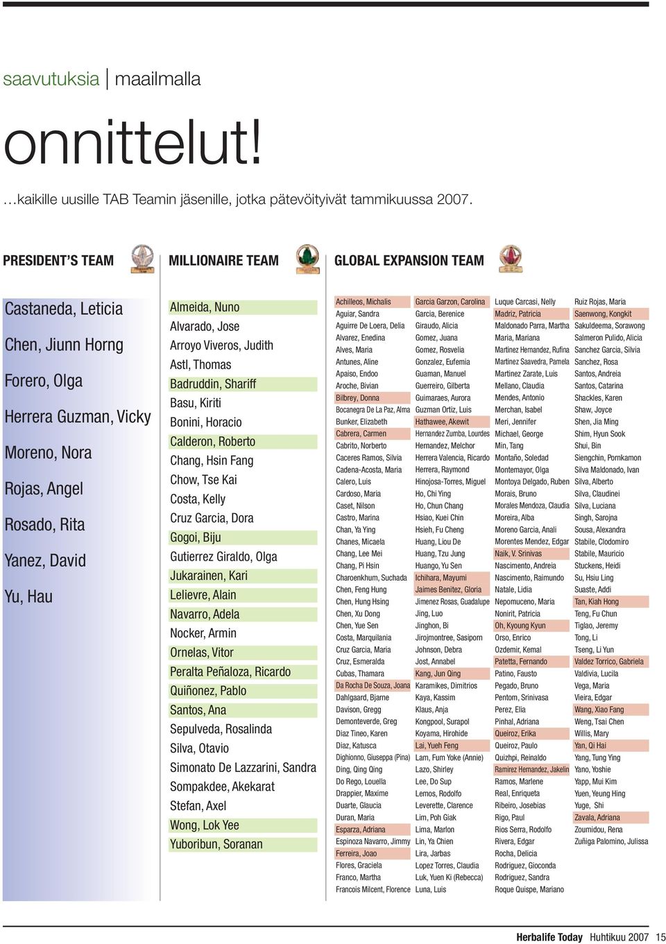 Nuno Alvarado, Jose Arroyo Viveros, Judith Astl, Thomas Badruddin, Shariff Basu, Kiriti Bonini, Horacio Calderon, Roberto Chang, Hsin Fang Chow, Tse Kai Costa, Kelly Cruz Garcia, Dora Gogoi, Biju