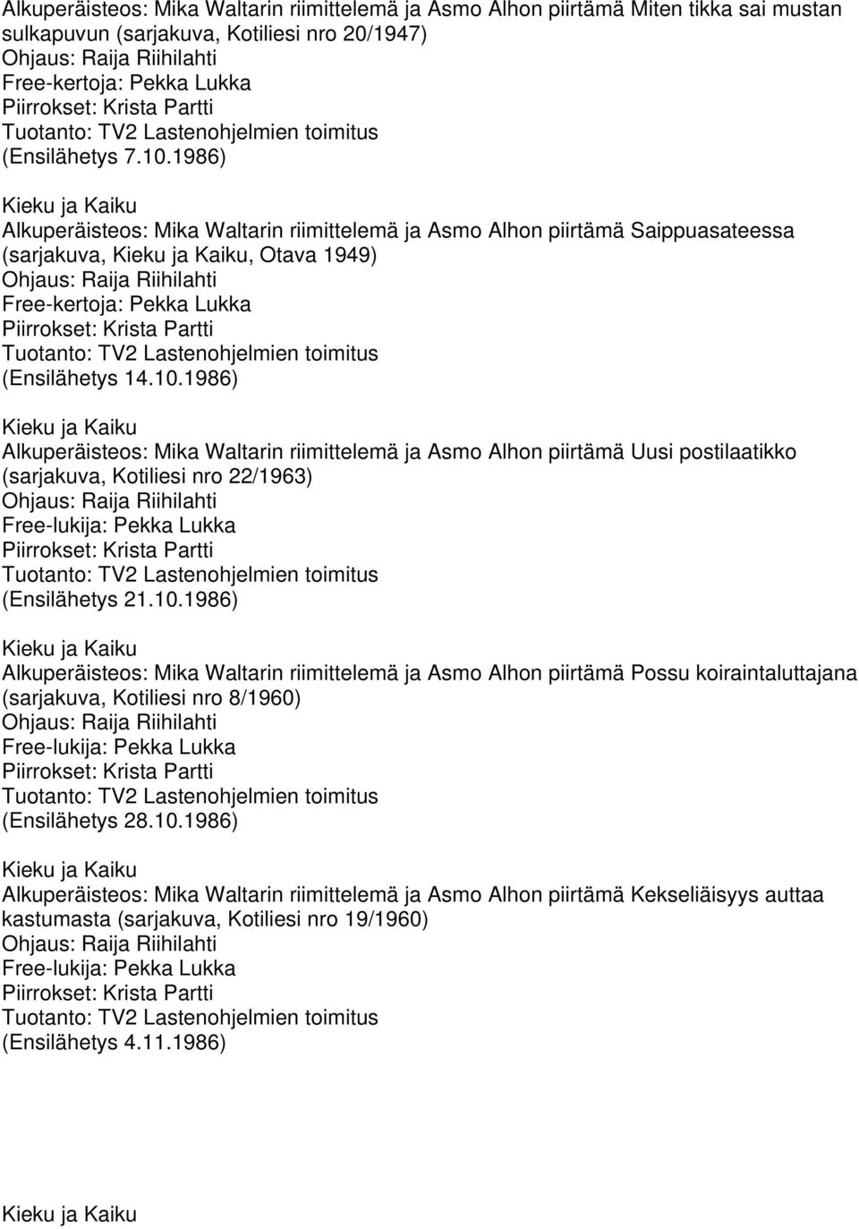 1986) Alkuperäisteos: Mika Waltarin riimittelemä ja Asmo Alhon piirtämä Uusi postilaatikko (sarjakuva, Kotiliesi nro 22/1963) (Ensilähetys 21.10.