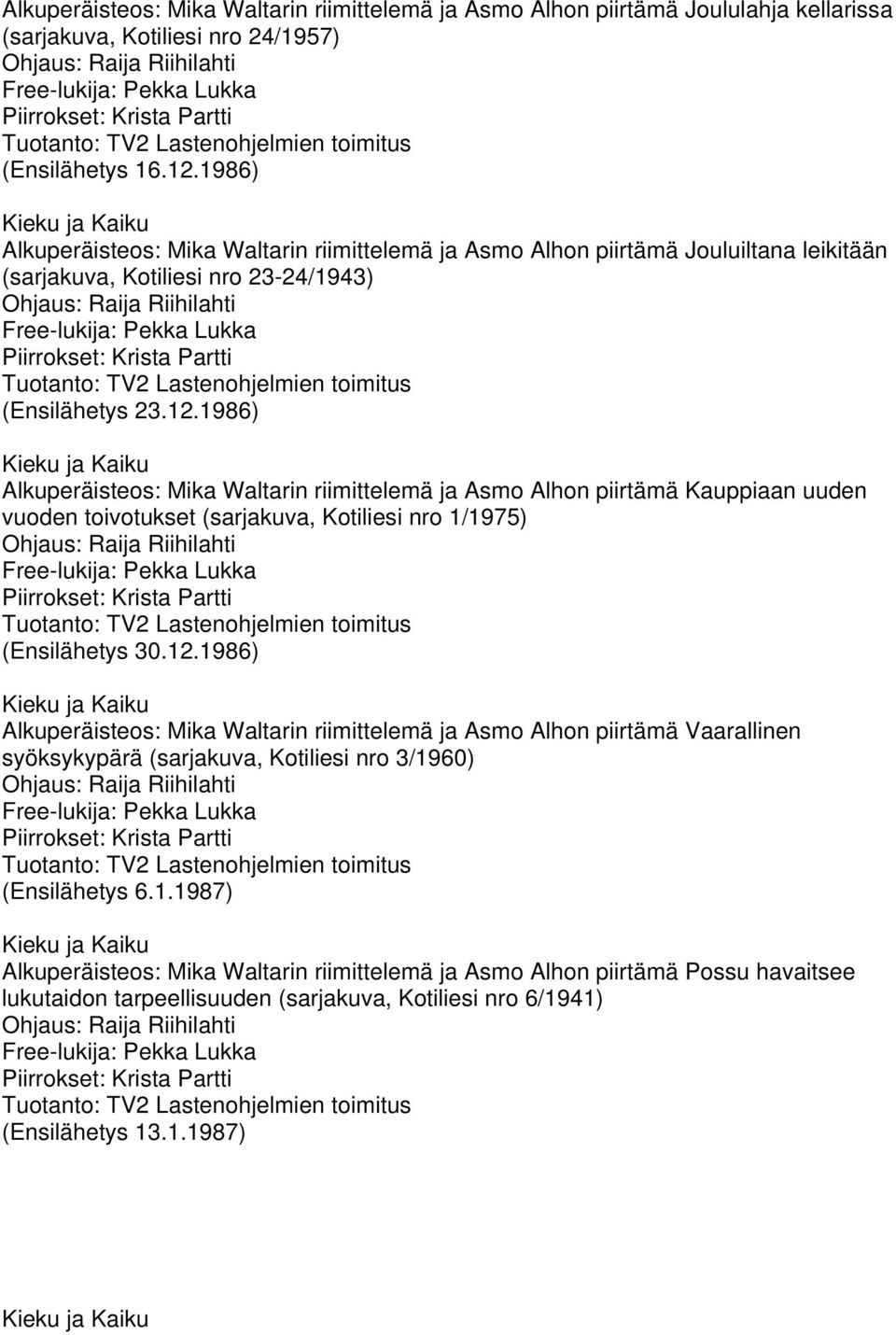 1986) Alkuperäisteos: Mika Waltarin riimittelemä ja Asmo Alhon piirtämä Kauppiaan uuden vuoden toivotukset (sarjakuva, Kotiliesi nro 1/1975) (Ensilähetys 30.12.