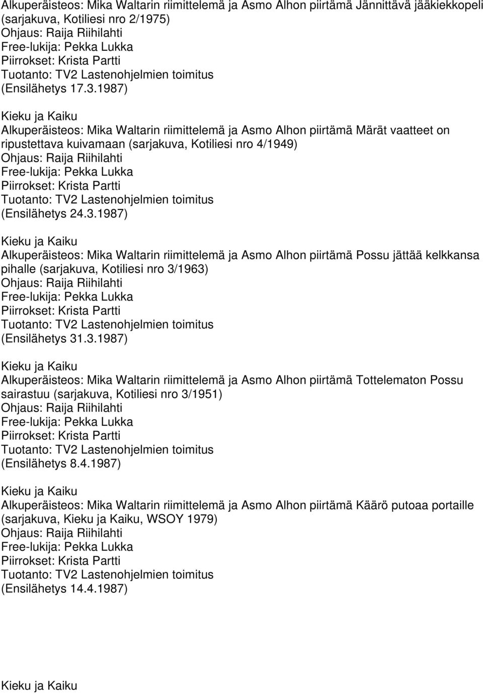 1987) Alkuperäisteos: Mika Waltarin riimittelemä ja Asmo Alhon piirtämä Possu jättää kelkkansa pihalle (sarjakuva, Kotiliesi nro 3/