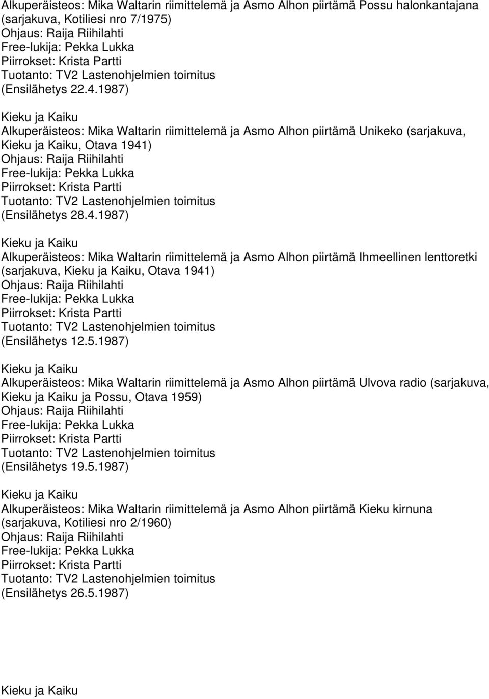 ) (Ensilähetys 28.4.1987) Alkuperäisteos: Mika Waltarin riimittelemä ja Asmo Alhon piirtämä Ihmeellinen lenttoretki (sarjakuva,, Otava 1941) (Ensilähetys 12.5.