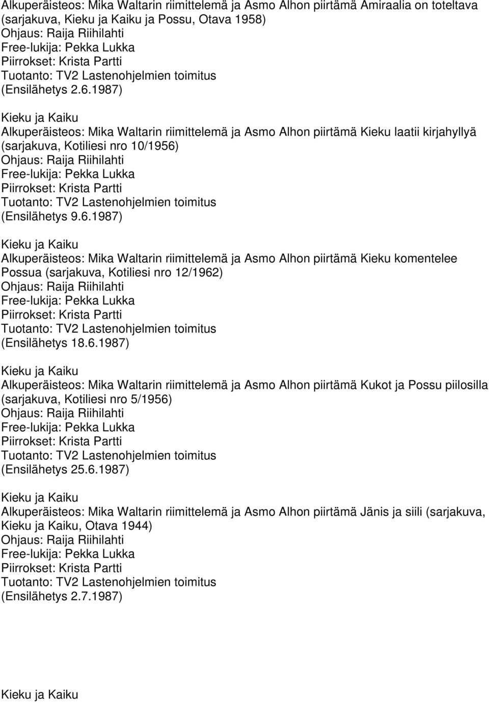 (Ensilähetys 9.6.1987) Alkuperäisteos: Mika Waltarin riimittelemä ja Asmo Alhon piirtämä Kieku komentelee Possua (sarjakuva, Kotiliesi nro 12/1962) (Ensilähetys 18.6.1987) Alkuperäisteos: Mika Waltarin riimittelemä ja Asmo Alhon piirtämä Kukot ja Possu piilosilla (sarjakuva, Kotiliesi nro 5/1956) (Ensilähetys 25.