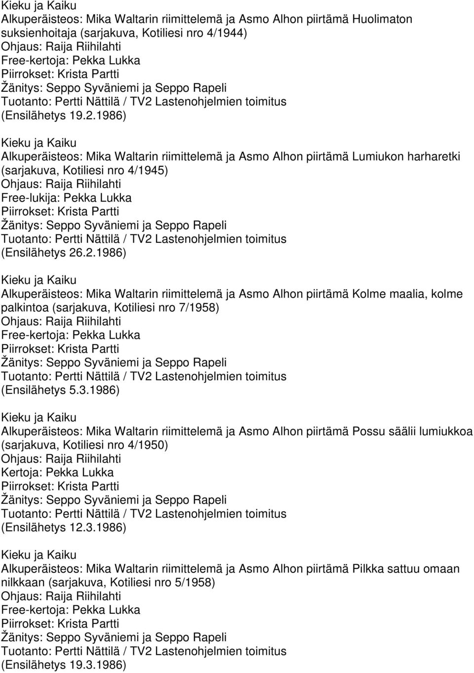 1986) Alkuperäisteos: Mika Waltarin riimittelemä ja Asmo Alhon piirtämä Lumiukon harharetki (sarjakuva, Kotiliesi nro 4/1945) Žänitys: Seppo Syväniemi ja Seppo Rapeli Tuotanto: Pertti Nättilä / TV2