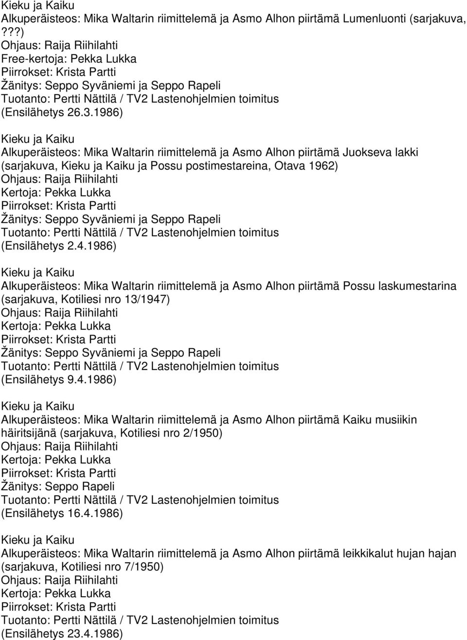 1986) Alkuperäisteos: Mika Waltarin riimittelemä ja Asmo Alhon piirtämä Juokseva lakki (sarjakuva, ja Possu postimestareina, Otava 1962) Kertoja: Pekka Lukka Žänitys: Seppo Syväniemi ja Seppo Rapeli