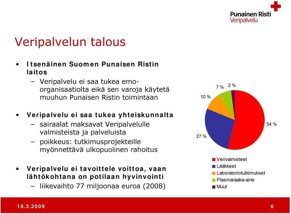 palveluista poikkeus: tutkimusprojekteille myönnettävä ulkopuolinen rahoitus Veripalvelu ei tavoittele voittoa, vaan lähtökohtana on