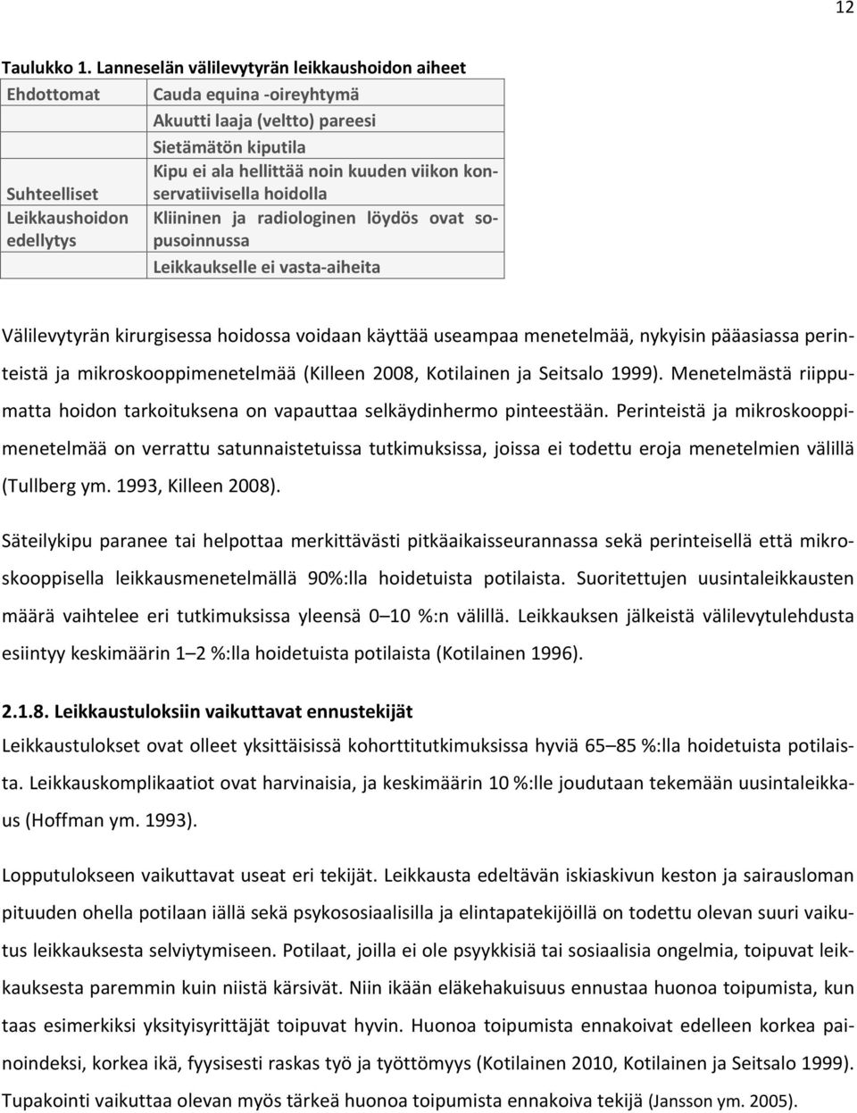 Suhteelliset hoidolla Leikkaushoidon edellytys Kliininen ja radiologinen löydös ovat sopusoinnussa Leikkaukselle ei vasta aiheita Välilevytyrän kirurgisessa hoidossa voidaan käyttää useampaa