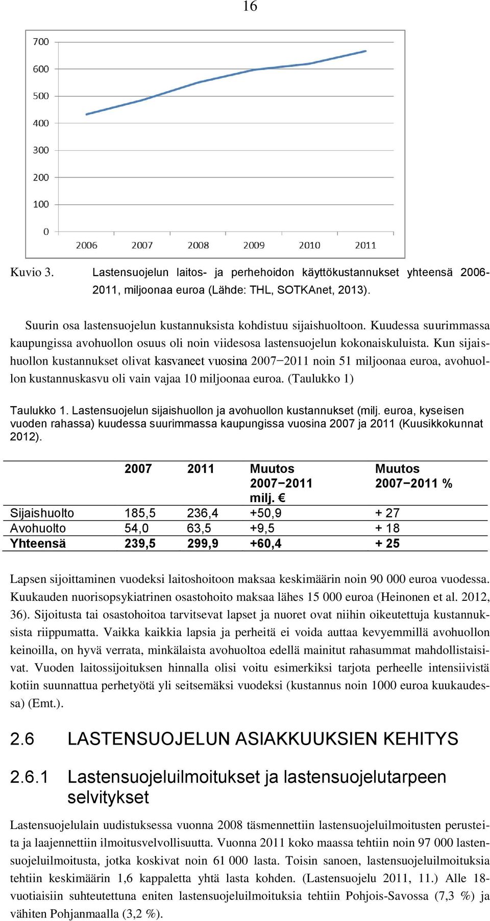 Kun sijaishuollon kustannukset olivat kasvaneet vuosina 2007 2011 noin 51 miljoonaa euroa, avohuollon kustannuskasvu oli vain vajaa 10 miljoonaa euroa. (Taulukko 1) Taulukko 1.