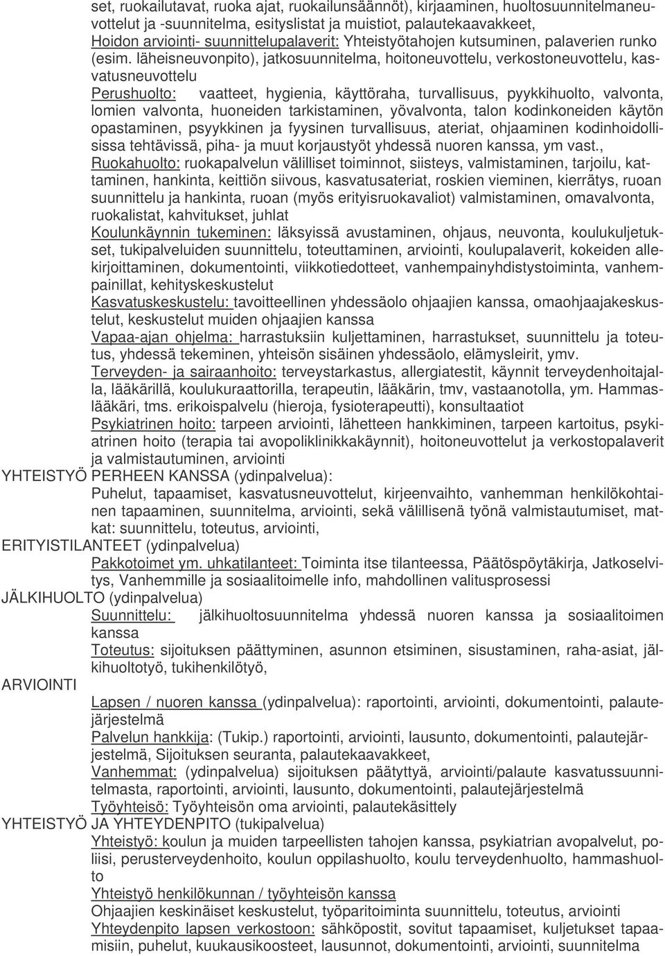 läheisneuvonpito), jatkosuunnitelma, hoitoneuvottelu, verkostoneuvottelu, kasvatusneuvottelu Perushuolto: vaatteet, hygienia, käyttöraha, turvallisuus, pyykkihuolto, valvonta, lomien valvonta,