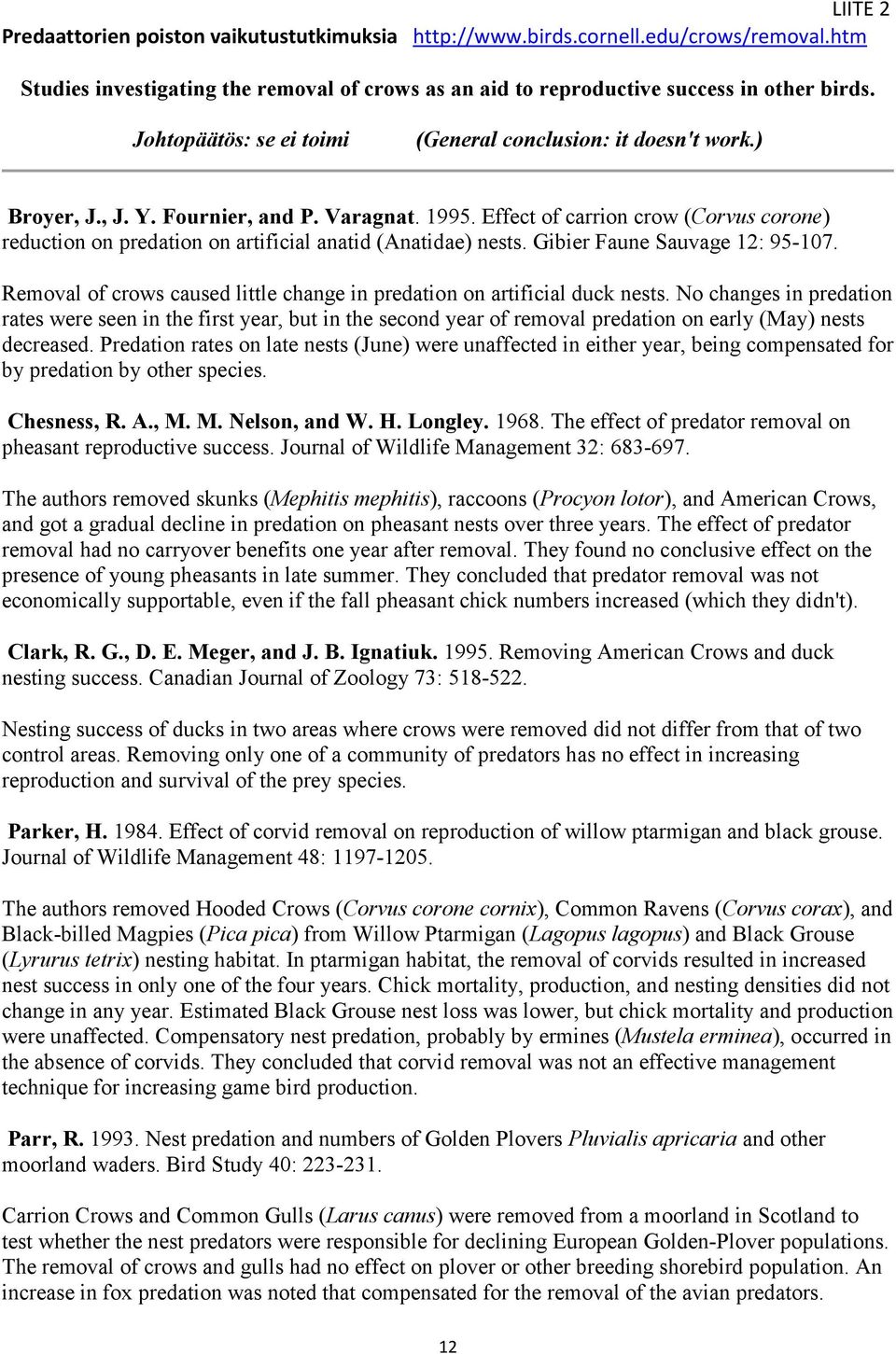 Effect of carrion crow (Corvus corone) reduction on predation on artificial anatid (Anatidae) nests. Gibier Faune Sauvage 12: 95-107.