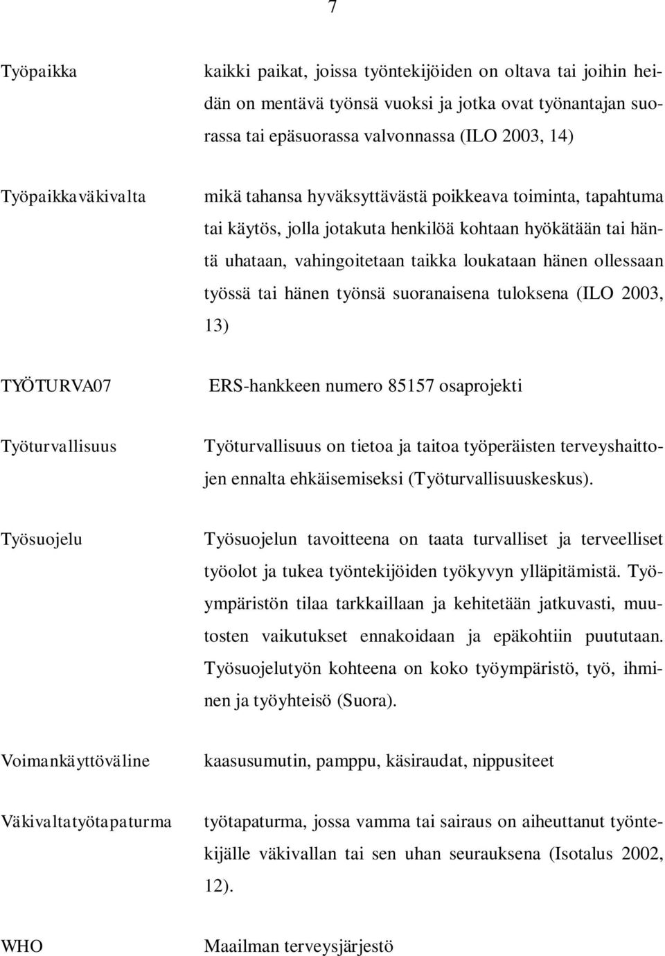 työnsä suoranaisena tuloksena (ILO 2003, 13) TYÖTURVA07 ERS-hankkeen numero 85157 osaprojekti Työturvallisuus Työturvallisuus on tietoa ja taitoa työperäisten terveyshaittojen ennalta ehkäisemiseksi