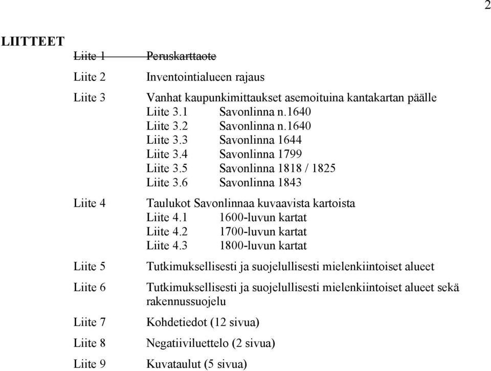 6 Savonlinna 1843 Taulukot Savonlinnaa kuvaavista kartoista Liite 4.1 1600-luvun kartat Liite 4.2 1700-luvun kartat Liite 4.