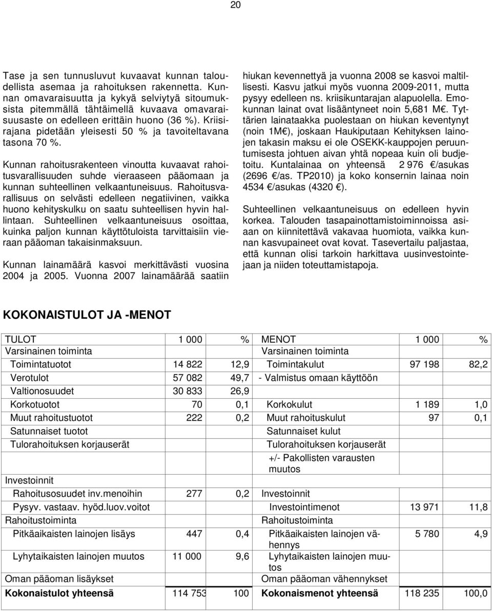 Kriisirajana pidetään yleisesti 50 % ja tavoiteltavana tasona 70 %. Kunnan rahoitusrakenteen vinoutta kuvaavat rahoitusvarallisuuden suhde vieraaseen pääomaan ja kunnan suhteellinen velkaantuneisuus.