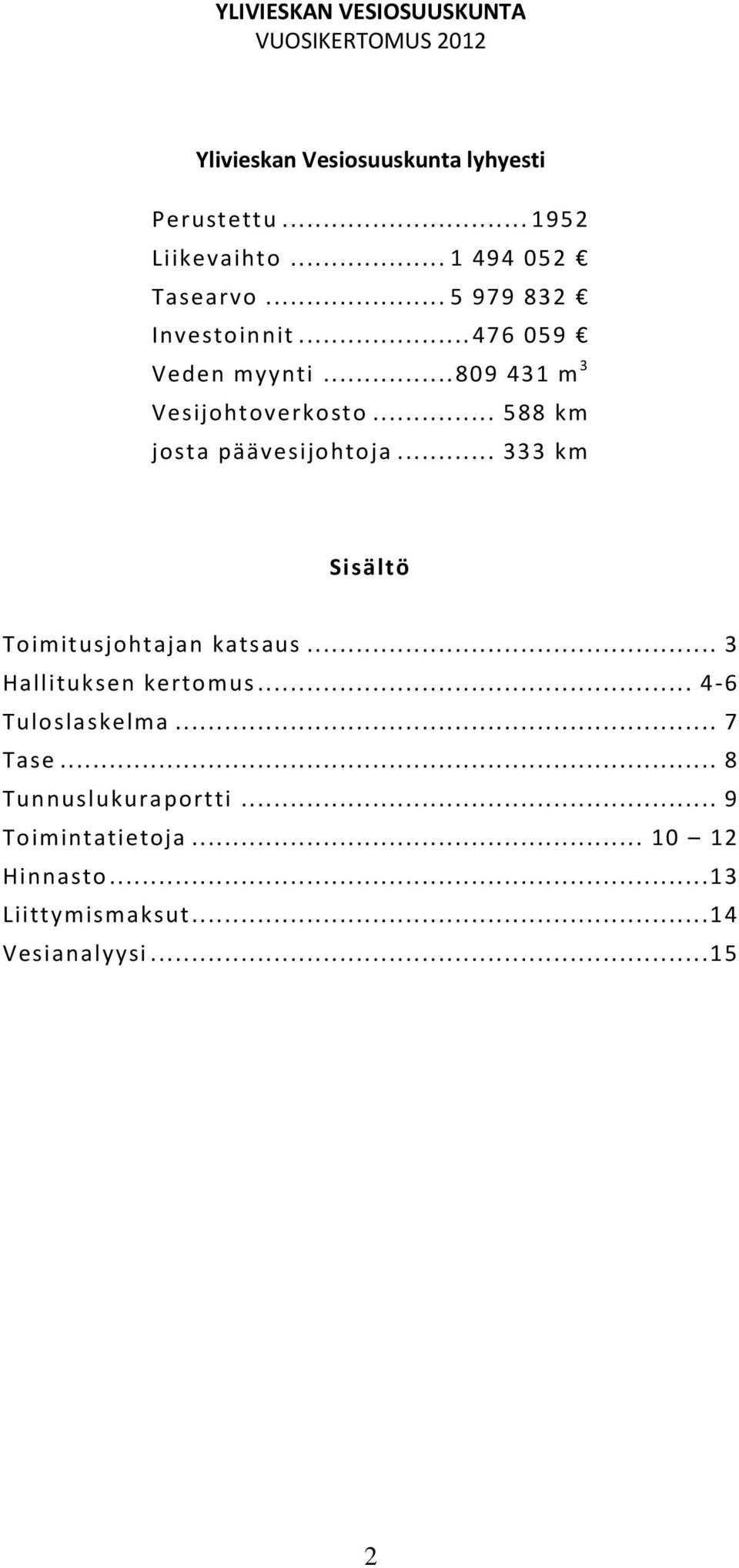 .. 588 km josta päävesijohtoja... 333 km Sisältö Toimitusjohtajan katsaus... 3 Hallituksen kertomus.