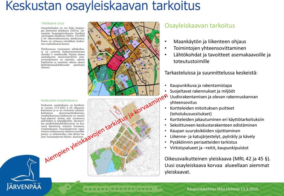 puitteet (teholukusuositukset) Kortteleiden jakautuminen eri käyttötarkoituksiin Sekoittuneen keskustarakenteen edistäminen Kaupan suuryksiköiden sijoittaminen Liikenne- ja katujärjestelyt,